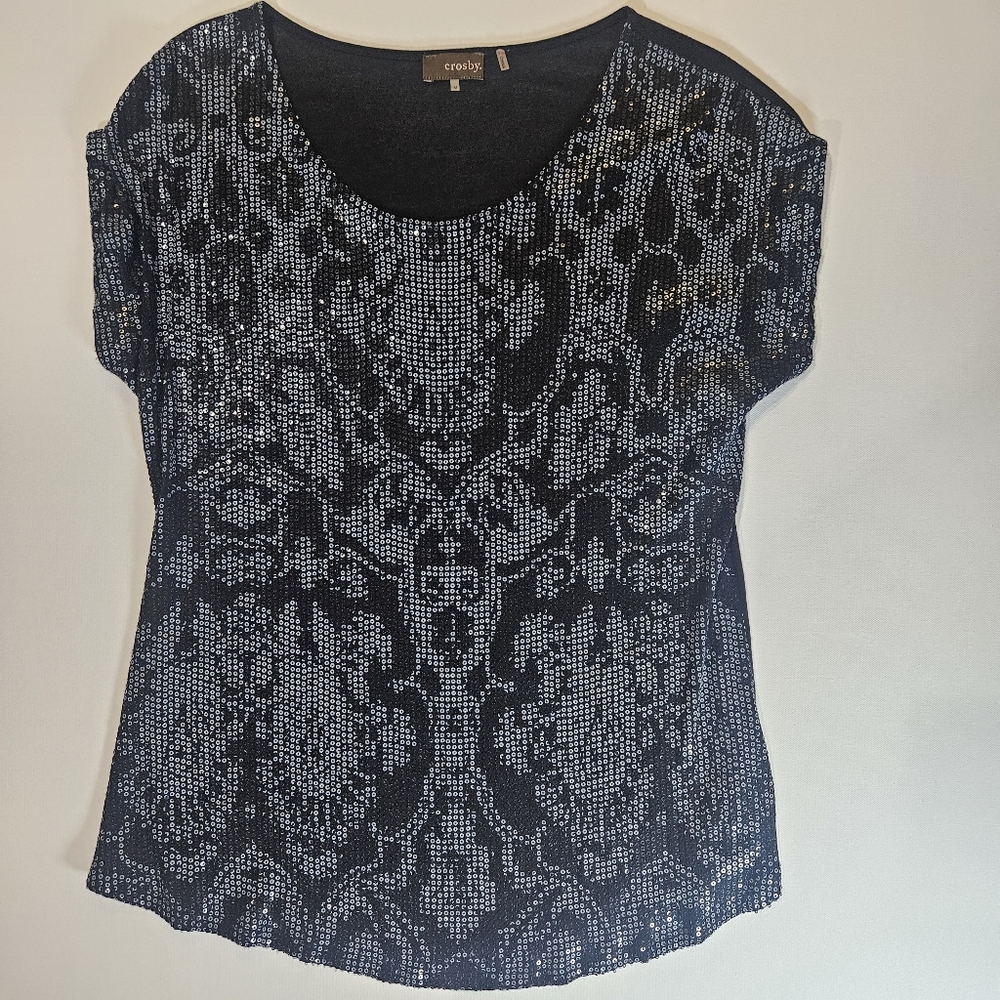 Crosby Sequin Blouse Womens Medium Black Grey Fancy Holiday New Years‎ Party Top